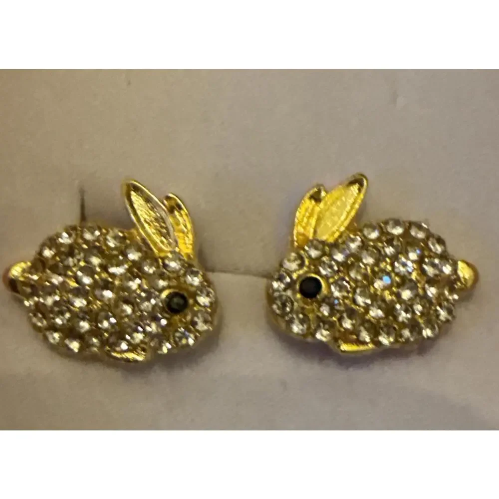 NWT Gold Elegant Rabbit Stud Earrings With Sparkly Rhinestones Easter